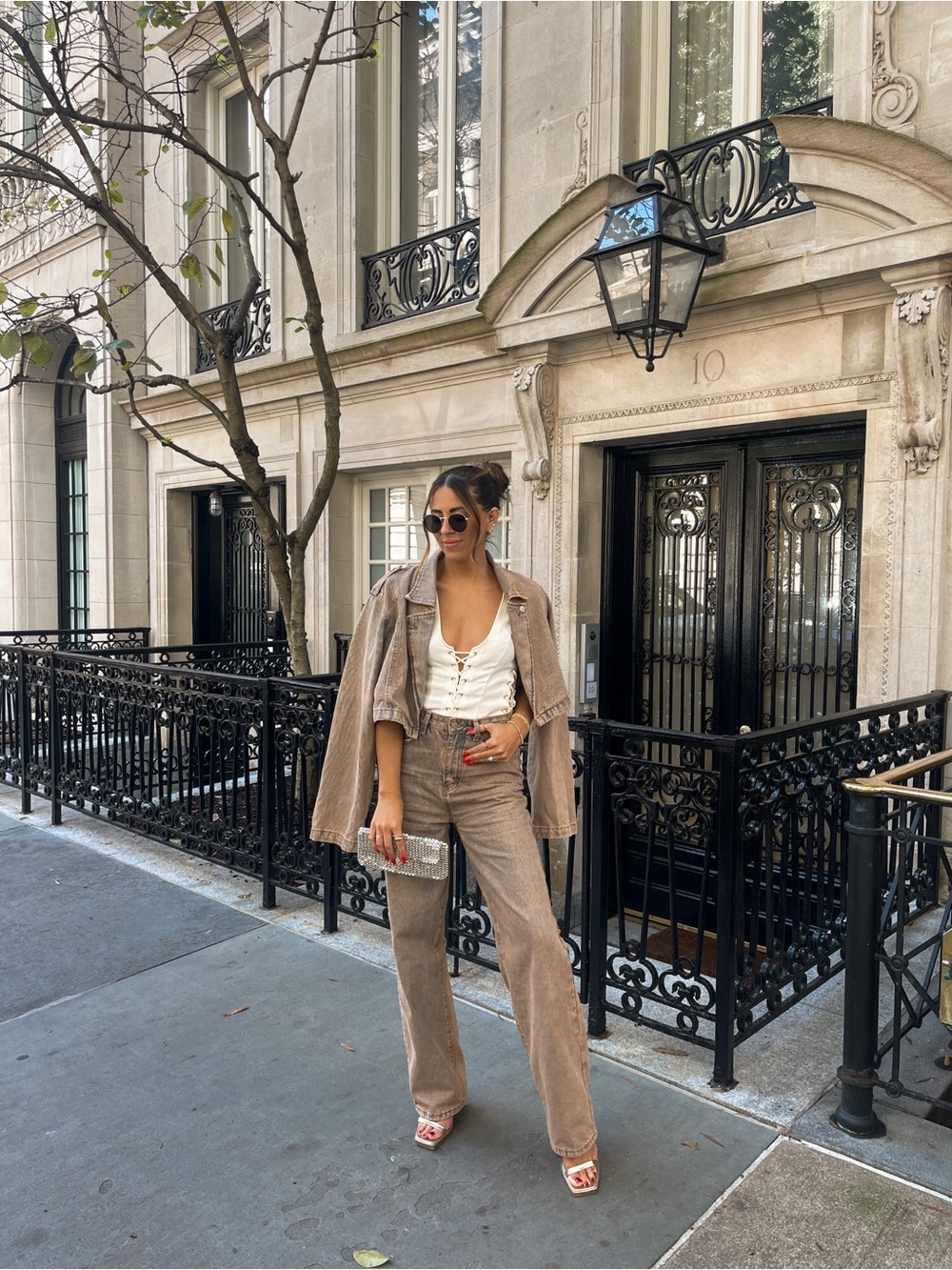 PrettyLittleThing Cropped Taupe Denim Jacket and Matching Denim Jeans